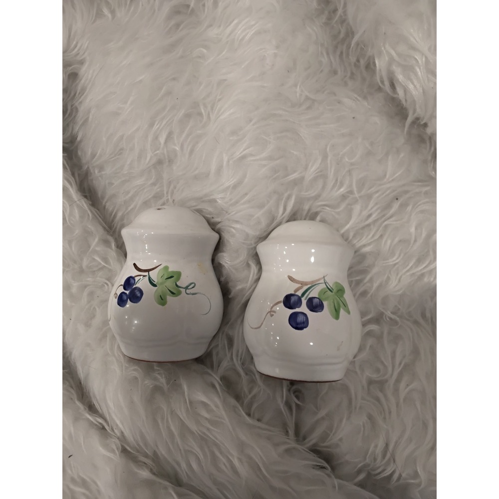 Vintage Ceramic Grape Vine Salt and Pepper Shakers Set White Blue Farmhouse
